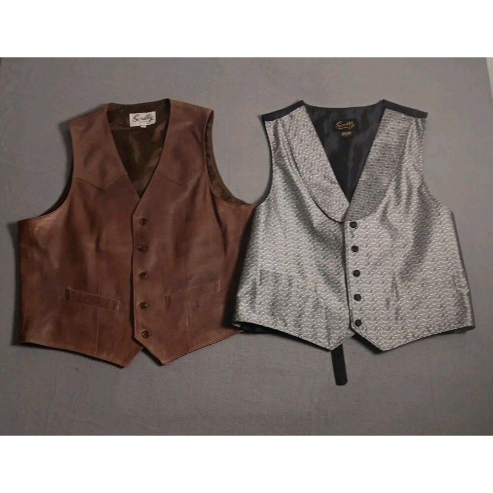 2 Scully LARGE 42 Men's Vests -Paisley Jacquard Grey Vest And Leather 5 Button